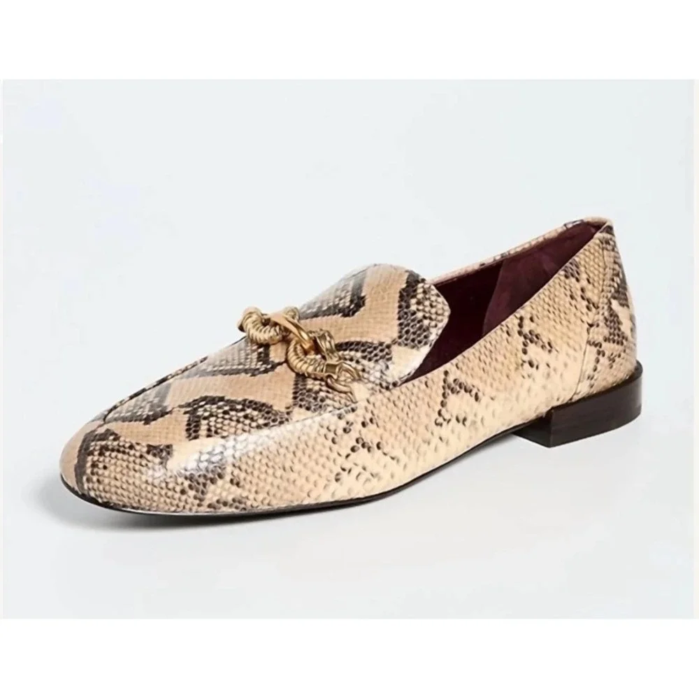 Tory Burch Jessa Python Print Leather Loafers Beige Snake Embossed Flats 8